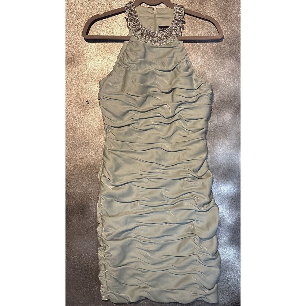 Cachet Special Occasion Dress Sage Green Ruched Bodycon Sexy Cocktail Size 6